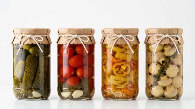 Four glass jars filled with various pickled vegetables isolated on white background