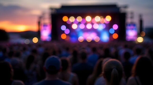 Blurred crowd at outdoor music festival concert with stage lights at dusk