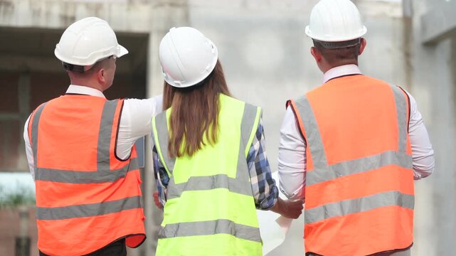 Architects and construction engineers review structural and architectural plans at a building site. Concept of construction planning, structural design, teamwork, and project development.