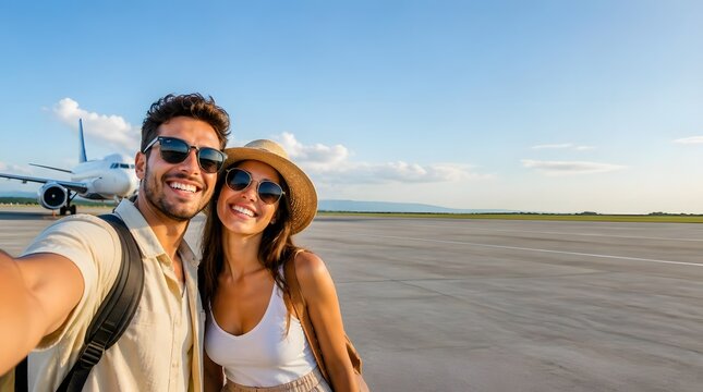 Happy couple taking a selfie at the airport before their summer vacation flight.
