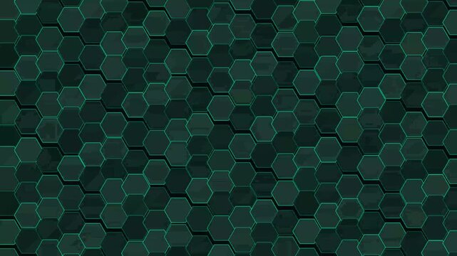 Dark green geometric hexagon pattern with modern honeycomb texture and glowing light edges for technology background design