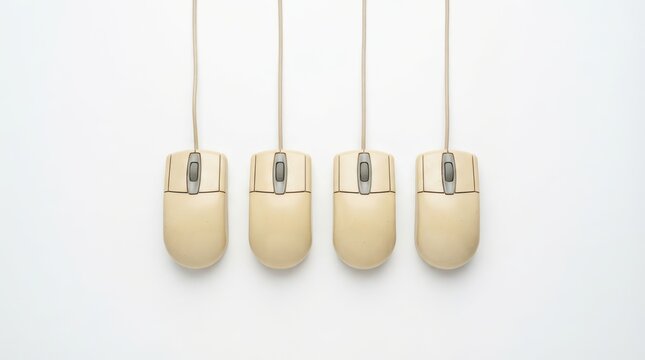 Four vintage computer mice with cords arranged in a row isolated on white background