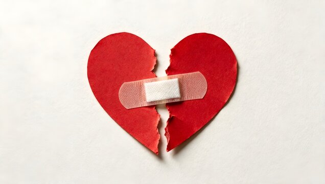 Red Paper Heart Split in Two Halves Mended with an Adhesive Bandage for Emotional Healing