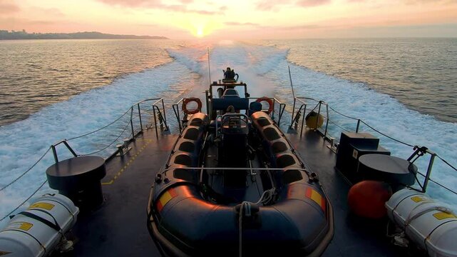 Aerial view of a fast coast guard of the Spanish Customs sailing at sunrise in the Mediterranean Sea.
