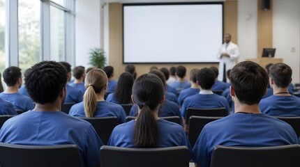 Obraz premium Diverse medical students attentively watching training presentation in modern lecture hall