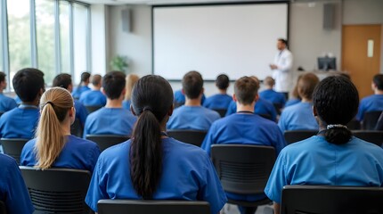 Fototapeta premium Diverse medical students attentively watching training presentation in modern lecture hall