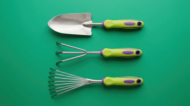 Three gardening tools with green and purple handles on a green background