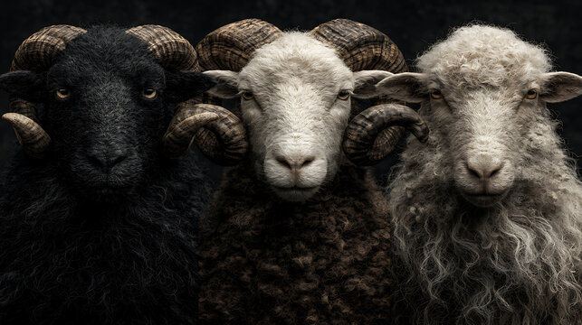Three sheep with curved horns pose closely in a dark setting