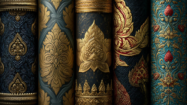 Thai pattern floral ornament collection detailed gold and blue textures