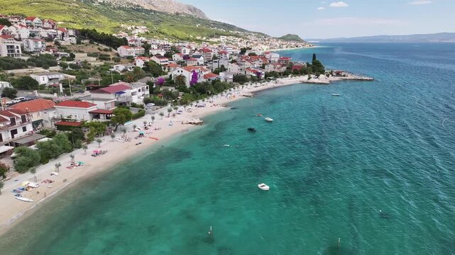 Expansive Aerial View Of Podstrana And Adriatic Shoreline, Croatia