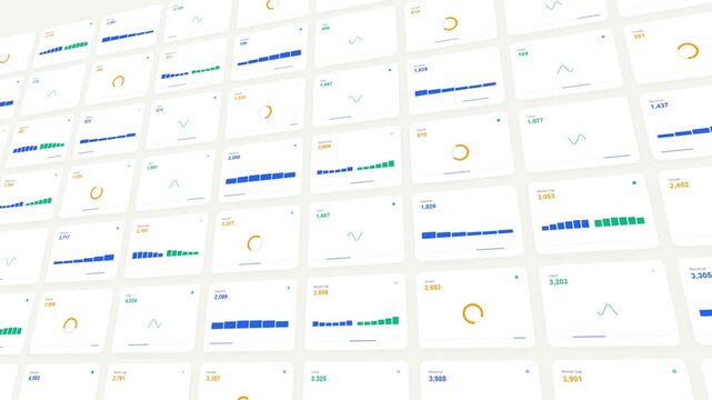 Digital data panels with scrolling blue progress bars and orange circular gauges on white background for technology interface visualization
