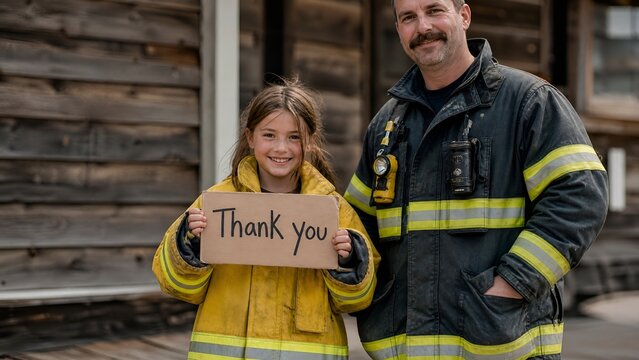 Young Girl Wearing Firefighter Gear Expressing Gratitude with a Handwritten Thank You Note