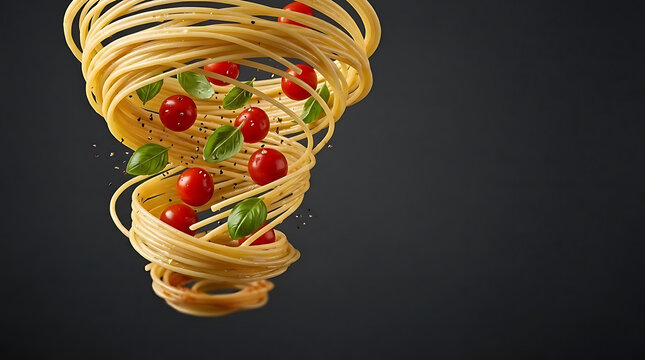 Dynamic commercial food art of glossy spaghetti pasta strands swirling upward in a weightless vortex with tomatoes