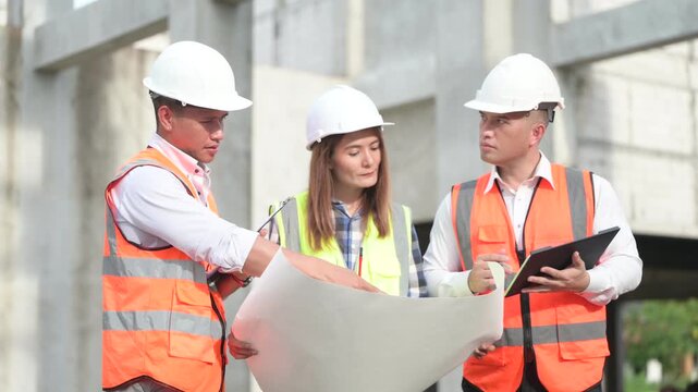 Architects and construction engineers review structural and architectural plans at a building site. Concept of construction planning, structural design, teamwork, and project development.