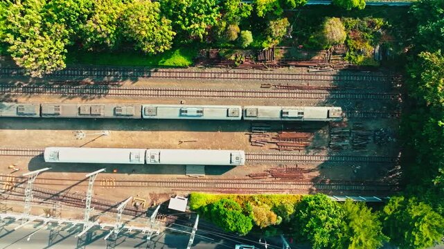 Top down aerial view of trains and railway tracks in Yogyakarta