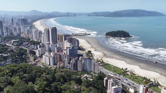 Jose Menino Beach In Santos Sao Paulo Brazil. Modern City Center With Skyscrapers Reflecting The Urban Life. Tropical Skyline. Seaside Beach. Santos Sao Paulo.