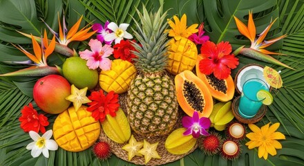 Fototapeta premium Vibrant tropical fruit arrangement with pineapple and mango