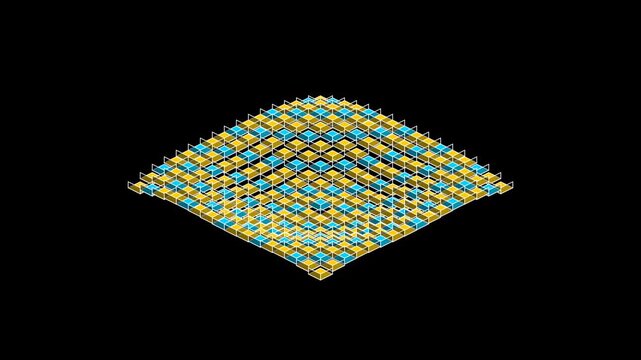 Abstract isometric grid pattern with yellow and blue squares forming a pyramid shape on a black background