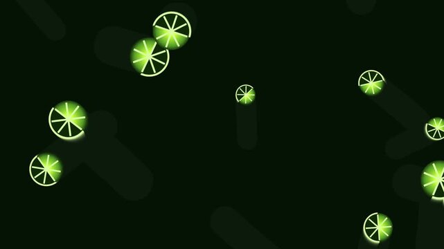 Fresh lime slices falling animation on dark green background. Scattering citrus fruit loops for summer refreshing video backgrounds, tropical food