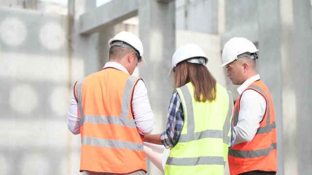 Architects and construction engineers review structural and architectural plans at a building site. Concept of construction planning, structural design, teamwork, and project development.