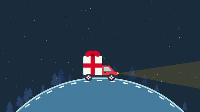 Delivery van carrying giant gift box driving on curved hill at night flat vector animation with rotating wheels for Christmas shipping.