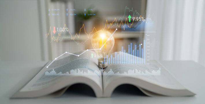 An open book with a glowing light bulb symbolizes ideas alongside vibrant graphs depicting financial trends and growth in a bright, inspiring setting. Scalp