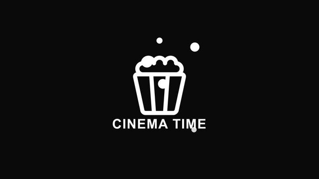 Popcorn bucket line icon with Cinema Time text and drifting white circular particles on black background for movie theater and entertainment design
