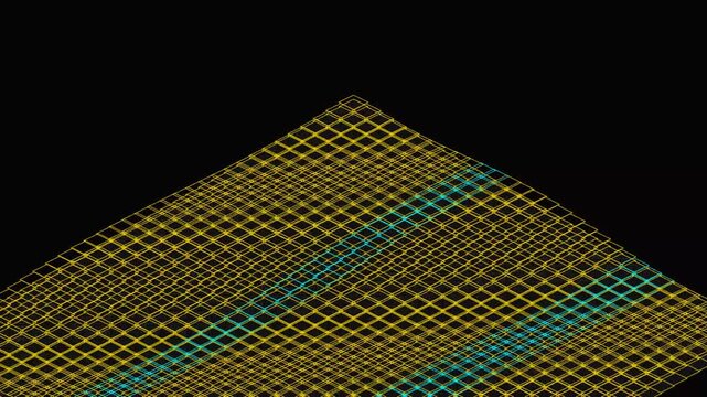 Abstract isometric glowing digital grid background with yellow and green neon light lines on a dark black surface