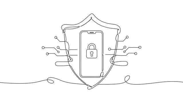 Line drawing depicts a smartphone within a shield shape with a padlock security concept