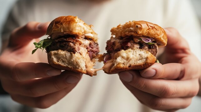 A close view of hands holding a freshly cut burger showing layers of bun patty cheese and fresh vegetables in warm daylight with an appetizing tempting composition