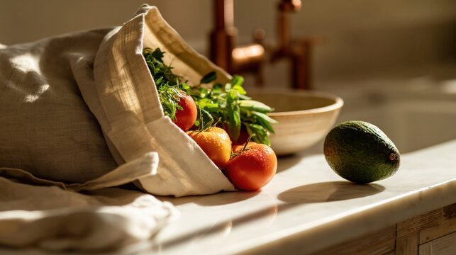 A close up of two reusable linen grocery bags resting on a warm neutral surface in soft daylight showing natural fabric texture and a simple sustainable shopping concept