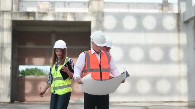 Architects and construction engineers review structural and architectural plans at a building site. Concept of construction planning, structural design, teamwork, and project development.
