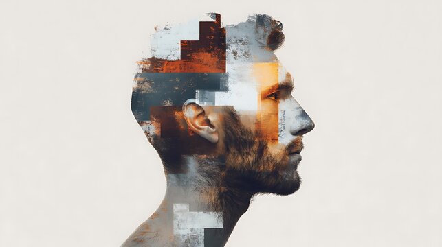 A digital artistic portrait of a man"s side profile with pixelated and glitch effects blending modern technology and human features.