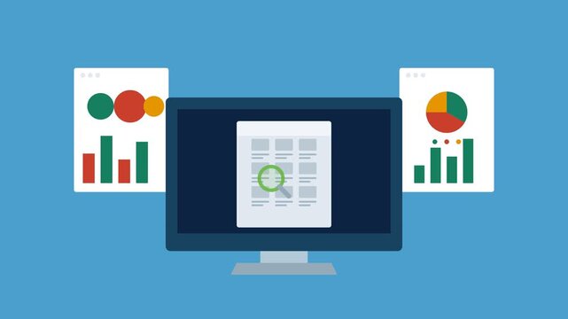 Computer monitor flat vector animation with magnifying glass scanning digital document and colorful business infographics on light blue background