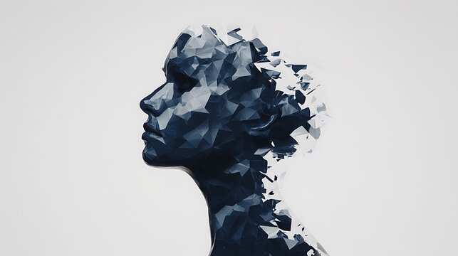 A fragmented polygonal sculpture of a human profile dissolving into small pieces, symbolizing deconstruction or transformation.