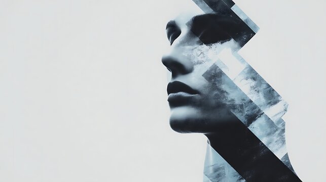 A surreal double exposure image blending a human face with geometric ice-like structures in blue tones against a pale background.