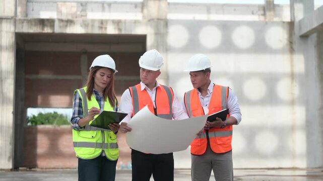 Architects and construction engineers review structural and architectural plans at a building site. Concept of construction planning, structural design, teamwork, and project development.