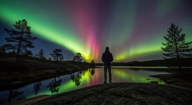 Silhouette watching aurora borealis over a calm lake.
