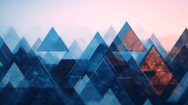 Abstract geometric art featuring translucent, overlapping triangles in cool and warm tones with a soft gradient background.