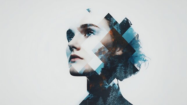 A double exposure portrait of a woman blended with geometric shapes and a cityscape, creating a modern, artistic, and introspective visual effect.