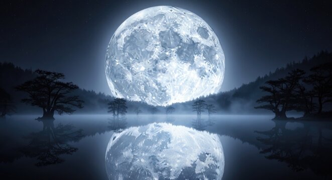 Large full moon reflecting in calm lake water.