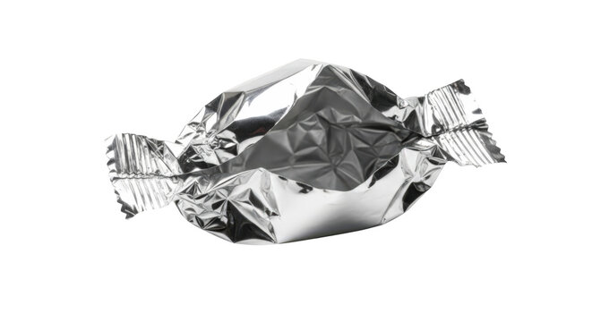 Single piece of candy wrapped in shiny silver foil