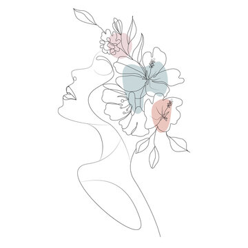 Continuous Line Art Woman Profile with Flowers and Pastel Abstract Shapes Vector Illustration with Transparent PNG Isolated