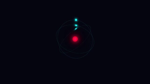 3D glowing atomic model with red nucleus and cyan electrons orbiting on black background motion graphic loop