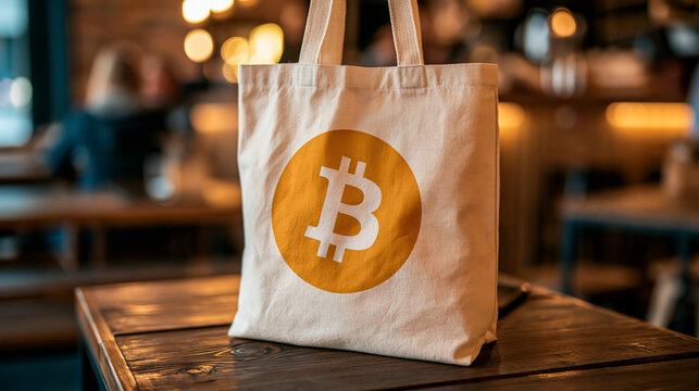 A cotton tote bag with a bitcoin logo sits on a rustic table. Perfect for modern cryptocurrency lifestyle and finance.