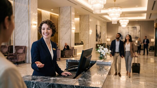 Friendly hotel receptionist welcoming guests at elegant marble lobby front desk