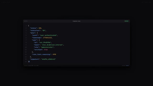 Live JSON Data Response Stream Animation Code IDE Interface 4K