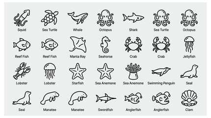 Fototapeta premium Sea life icons featuring squid turtle whale octopus shark reef fish manta ray seahorse crab jellyfish lobster starfish sea anemone swimming penguin seal manatee swordfish and clam.