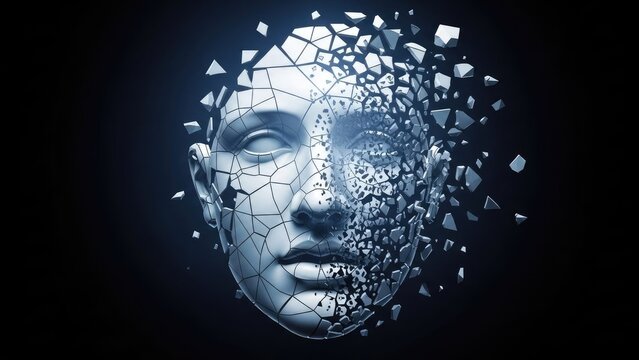 Digital 3D sculpture of human face shattering into pieces.