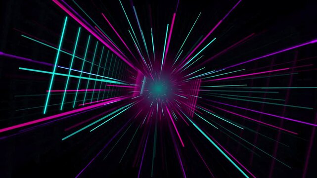 Abstract retro futuristic neon light tunnel with moving laser lines and grid patterns in 80s synthwave style.